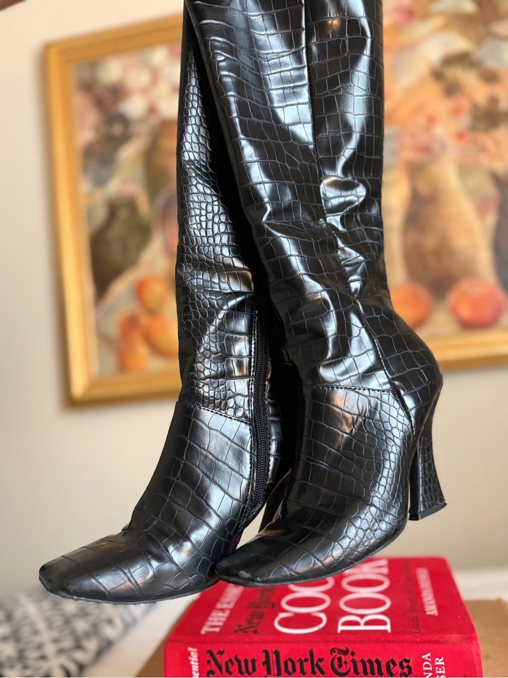 Black Croc Knee High Boots - Picture 3 of 4
